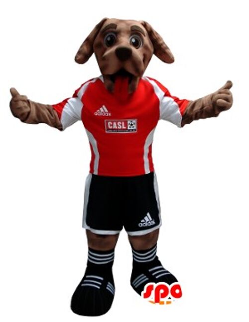 Costume de mascotte personnalisable de chien marron en tenue de footballeur noire et rouge.