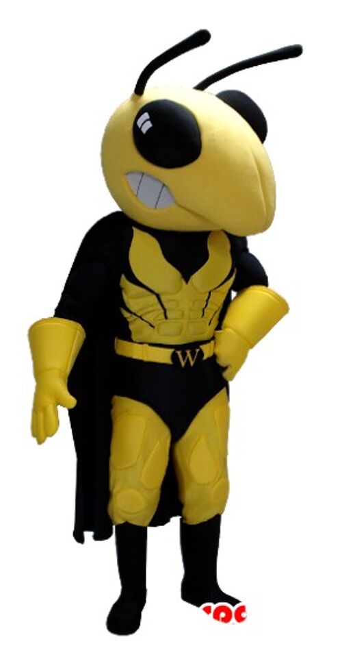 Costume de mascotte personnalisable de guêpe jaune et noire, en tenue de super-héros.