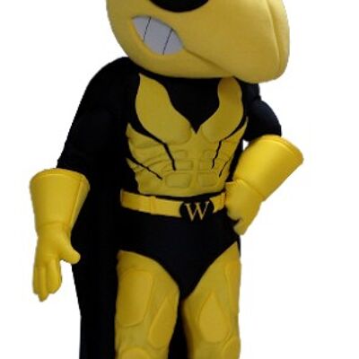 Costume de mascotte personnalisable de guêpe jaune et noire, en tenue de super-héros.