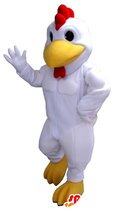 Costume de mascotte personnalisable de poule, de coq blanc, rouge et jaune, géant.