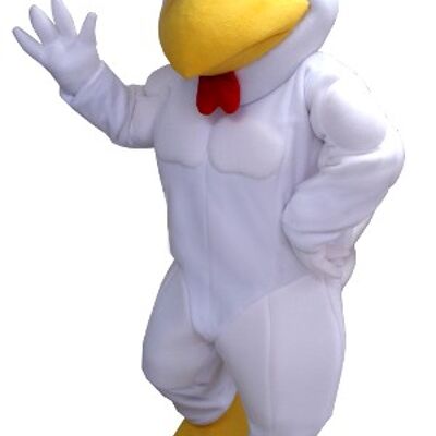 Costume de mascotte personnalisable de poule, de coq blanc, rouge et jaune, géant.
