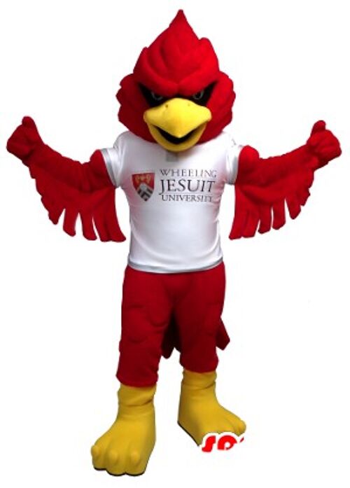 Costume de mascotte personnalisable d'oiseau rouge et jaune, avec un t-shirt blanc.