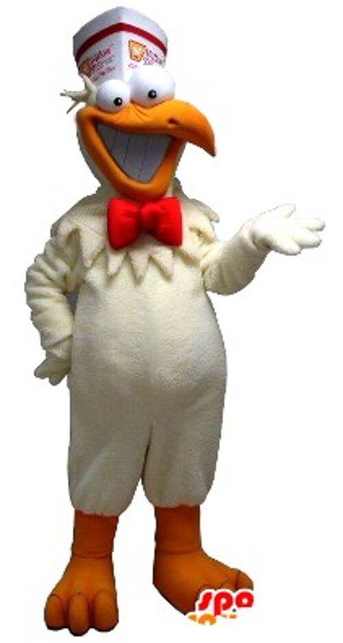Costume de mascotte personnalisable de poule blanche et orange, pour un snack.