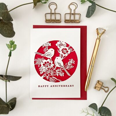Carta per l'anniversario della coppia di uccelli Wren, carta per l'anniversario romantico di William Morris
