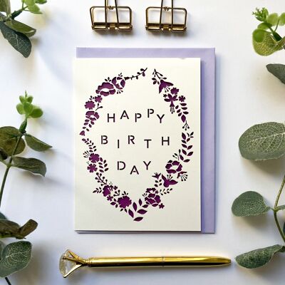 Tarjeta de feliz cumpleaños lila, tarjeta de cumpleaños floral