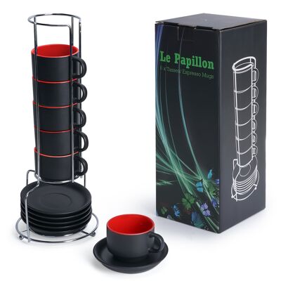 MIAMIO - Set de 6 tasses expresso 75 ml / tasses expresso extérieur noir intérieur rouge - Collection Le Papillon (noir/rouge)