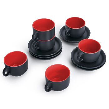 MIAMIO - Set de 6 tasses expresso 75 ml / tasses expresso extérieur noir intérieur rouge - Collection Le Papillon (noir/rouge) 3