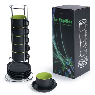MIAMIO - Juego de 6 tazas de espresso de 75 ml / juego de tazas de espresso exterior negro interior verde - colección Le Papillon (negro/verde)