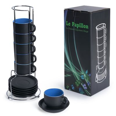 MIAMIO - 6 x 75 ml Espresso Tassen / Espressotassen Set Außen Schwarz Innen Blau - Le Papillon Kollektion (Schwarz/Blau)