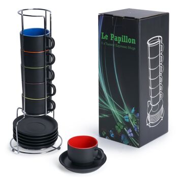 MIAMIO - 6 x 75 ml tasses à expresso / set de tasses à expresso extérieur noir intérieur coloré - Collection Le Papillon (noir/multicolore) 1