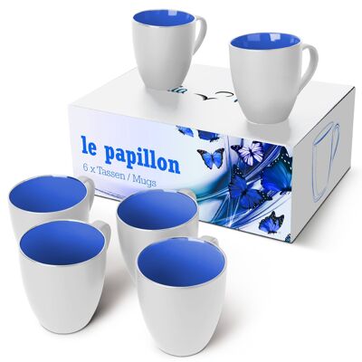 MIAMIO - 6 x 350ml Coffee Cups/Coffee Mug Set - Le Papillon Collection (White-Blue)
