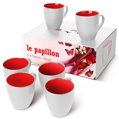 MIAMIO - 6 x 350ml Coffee Cups/Coffee Mug Set - Le Papillon Collection (White-Red)