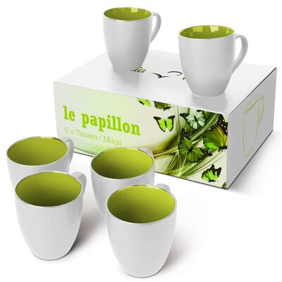 MIAMIO - 6 x 350ml Coffee Cups/Coffee Mug Set - Le Papillon Collection (White-Green)