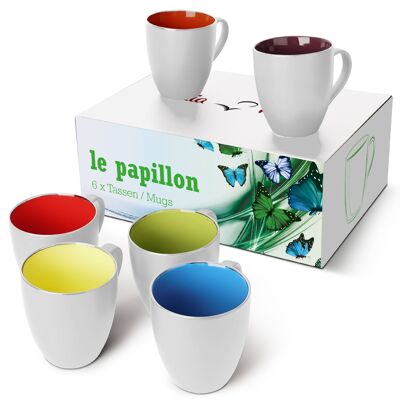 MIAMIO - 6 x 350 ml Kaffeetassen/Kaffeebecher Set - Le Papillon Kollektion (Weiß-Bunt)