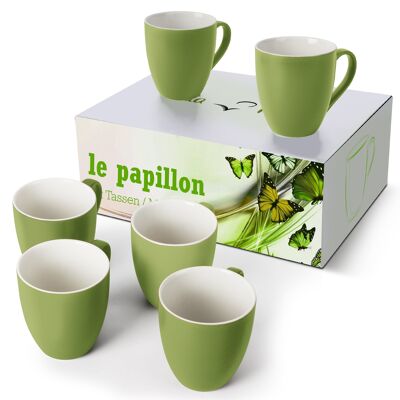 MIAMIO - 6 x 350ml Coffee Cups/Coffee Mug Set - Le Papillon Collection (Green-White)