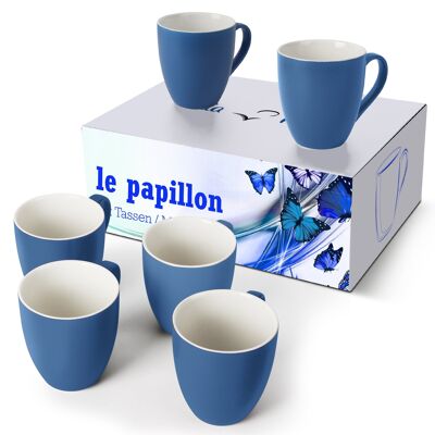 MIAMIO - 6 x 350ml Coffee Cups/Coffee Mug Set - Le Papillon Collection (Blue-White)