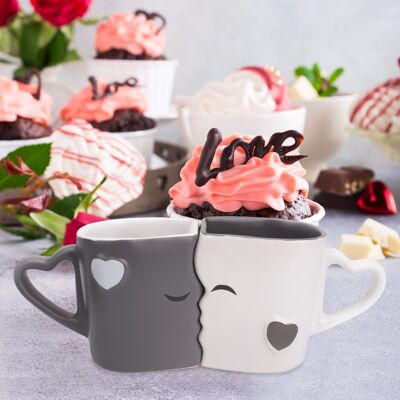 MIAMIO - Juego de tazas de café/tazas para besar regalos para mujeres/hombres/novio/novia para boda/Navidad cerámica (gris)