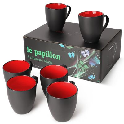 MIAMIO - Set 6 Tasses à Café/Tasses à Café 350ml - Collection Le Papillon (Noir-Rouge)