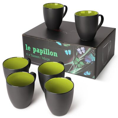 MIAMIO - Juego de 6 tazas de café/tazas de café de 350 ml - Colección Le Papillon (negro-verde)