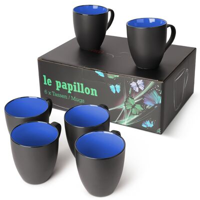 MIAMIO - 6 x 350ml Coffee Cups/Coffee Mug Set - Le Papillon Collection (Black-Blue)