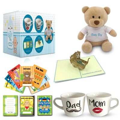 MIAMIO - set regalo nacimiento/bebé | Tazas + 40 tarjetas de hitos + oso de peluche + tarjeta de felicitación (azul)