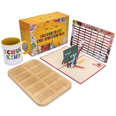 MIAMIO - gift set for school enrollment including a "school child" mug + 1 x 1 breakfast board + pop-up greeting card + timetable (yellow)