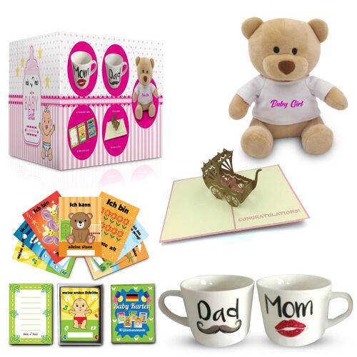 MIAMIO - Geschenk zur Geburt/Baby Geschenkset | Tassen + 40 Meilenstein Karten+ Teddybär + Grußkarte (Rosa)
