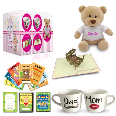 MIAMIO - set regalo nacimiento/bebé | Tazas + 40 tarjetas de hitos + oso de peluche + tarjeta de felicitación (rosa)