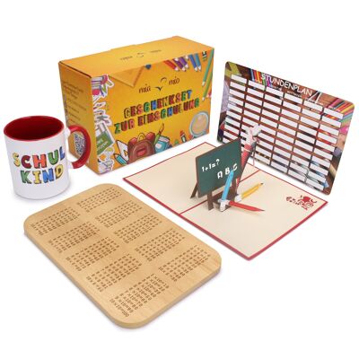MIAMIO - gift set for school enrollment including cup "school child" + 1 x 1 breakfast board + pop up greeting card + timetable (red)