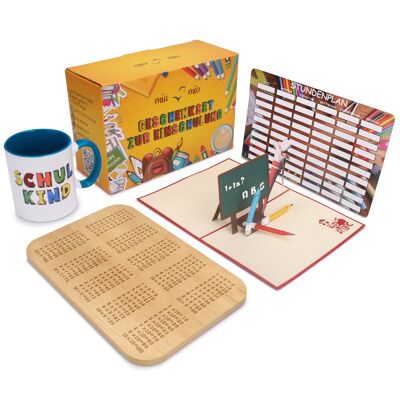 MIAMIO - gift set for school enrollment including cup "school child" + 1 x 1 breakfast board + pop up greeting card + timetable (blue)