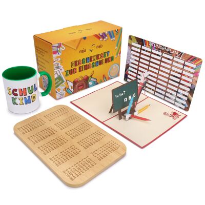 MIAMIO - set regalo per l'iscrizione scolastica comprensivo di tazza "bambino della scuola" + 1 x 1 tavola per la colazione + biglietto di auguri pop up + orario (verde)