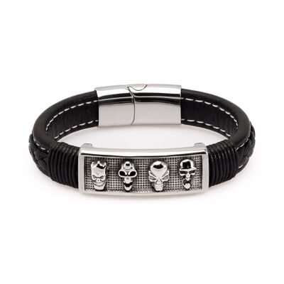 Herren dickes Leder & Totenkopf Armband schwarz