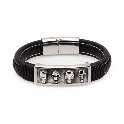 Men´s thick leather & skull bracelet black