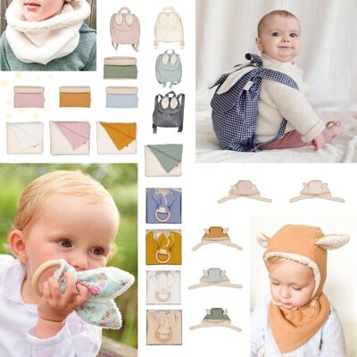 DISCOVERY PACK N°5 | 22-PIECE ASSORTMENT: bib and rattle boxes, blankets, hats, backpack, snood