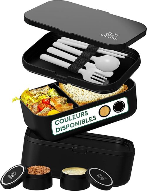 Umami Bento Lunch Box, 2 Pots à Sauce & Couverts en Bois Inclus, Lunchbox Micro-Ondable, Boîte à lunch Adulte/Enfant, Boîte Repas Compartimentée, Boîte Bento Lunch Box, Bento Box