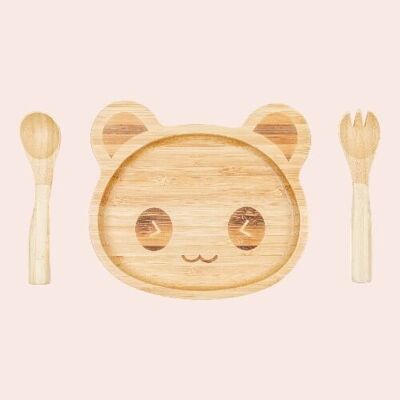 Plato de bambú + tenedor y cuchara para niños