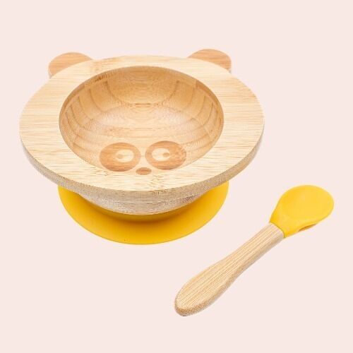 Set de repas bébé Panda jaune en bambou et silicone ( bol + cuillère )