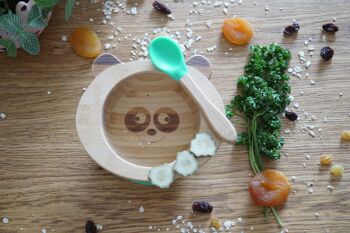 Set de repas bébé Panda vert en bambou et silicone ( bol + cuillère ) 3