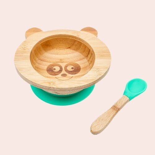 Set de repas bébé Panda vert en bambou et silicone ( bol + cuillère )