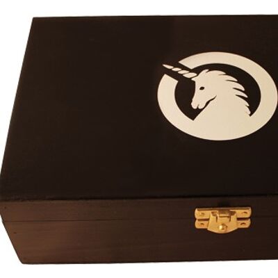 Wooden box with unicorn logo