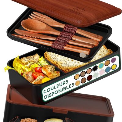 Bento Lunch Box 1.2L All Inclusive, 4 place settings, Black & Sapele, Real Wood Lid, Leakproof, 2 sauce pots, UMAMI Adult Bento Box, Mother's/Father's Day