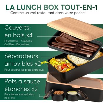 Umami Bento Lunch Box, 2 Pots à Sauce & Couverts en Bois Inclus, Lunchbox Micro-Ondable, Boîte à lunch Adulte/Enfant, Boîte Repas Compartimentée, Boîte Bento Lunch Box, Bento Box 2