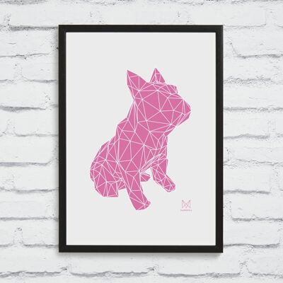Serigrafía Bulldog francés - Rosa sobre blanco enmarcado