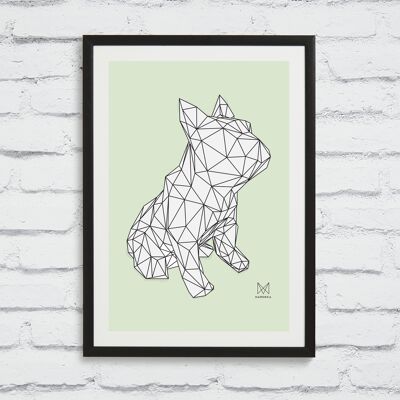 Serigrafia Bulldog francese - FRANK con cornice bianca su verde