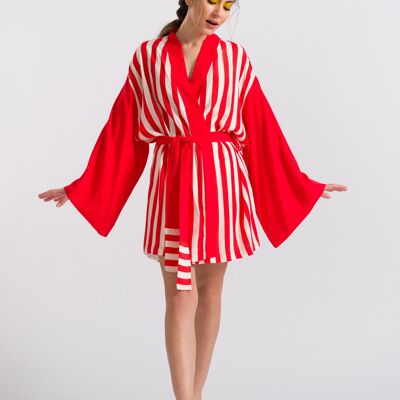 Kırmızı Çizgili Kısa Kimono
