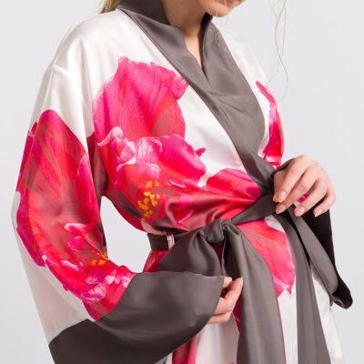 Pembe Çiçek Saten Uzun Kimono