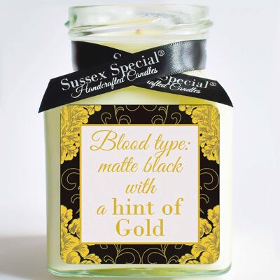 "Blood type: matte black with a hint of Gold" Soy Candle - Sticker Only 5x5 cm