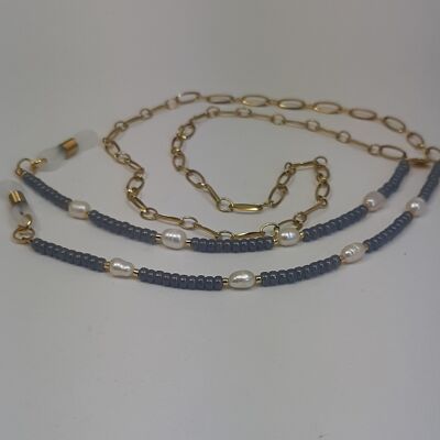 Glasses cord miyuki pearl stainless steel gold plated slate gray blue