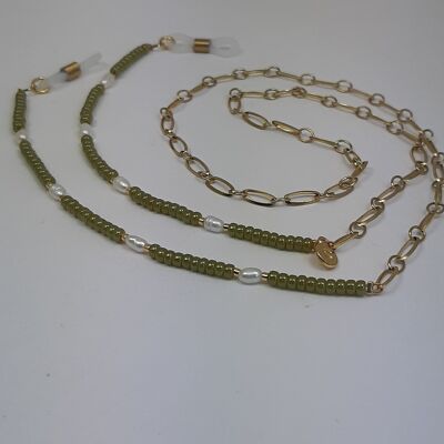 Brillenband miyuki perle edelstahl vergoldet olivgrün