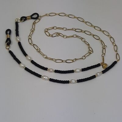 Glasses cord miyuki pearl stainless steel gold plated black